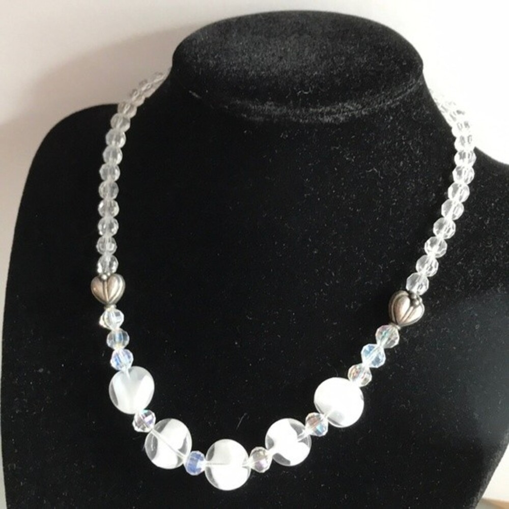 Vintage Handmade Crystal Glass Sterling Silver Hearts Toggle Necklace 15 Inch